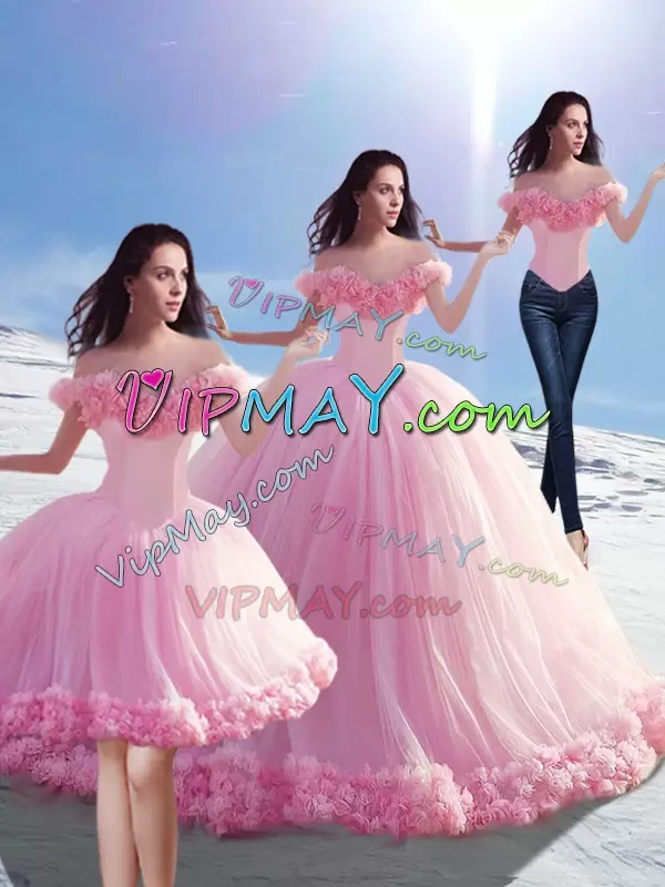 Lovely Sleeveless Tulle Brush Train Lace Up Quinceanera Gown in Baby Pink with Hand Made Flower