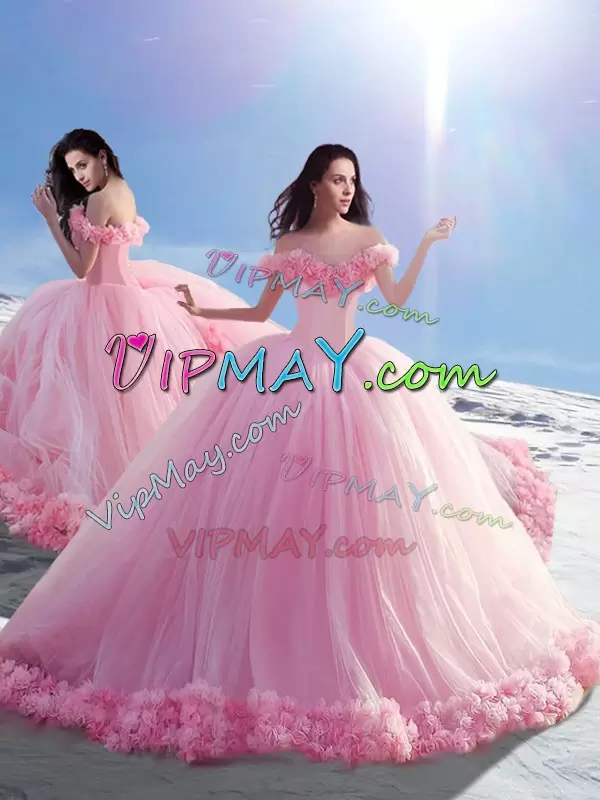 Lovely Sleeveless Tulle Brush Train Lace Up Quinceanera Gown in Baby Pink with Hand Made Flower