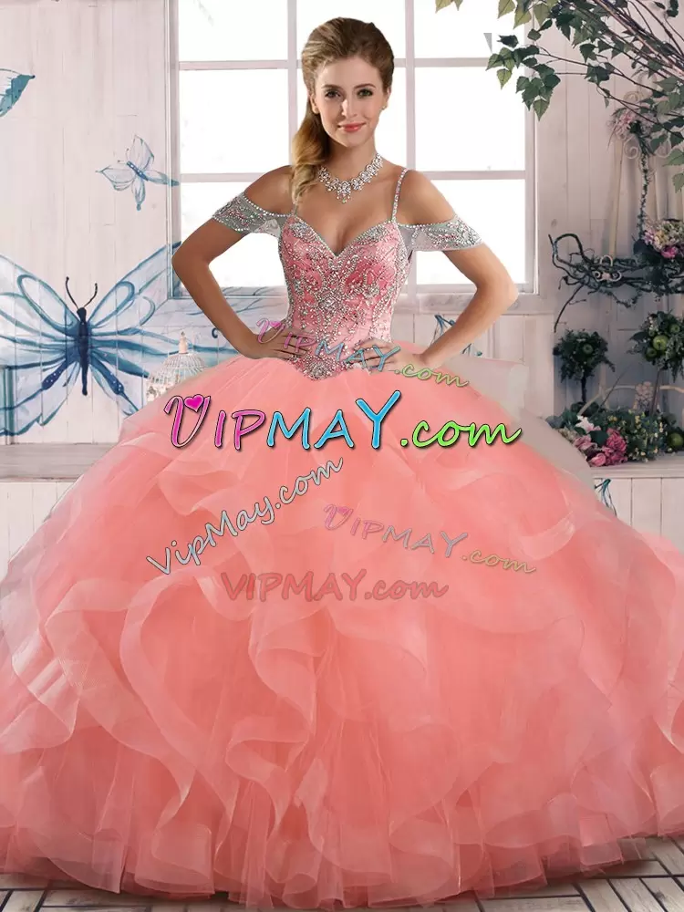 Custom Fit Sleeveless Off The Shoulder Beading and Ruffles Lace Up Sweet 16 Dress