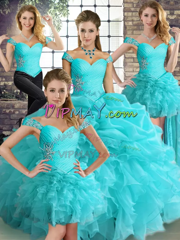 Stunning Floor Length Lace Up Ball Gown Prom Dress Aqua Blue for Military Ball and Sweet 16 and Quinceanera with Beading and Ruffles and Pick Ups