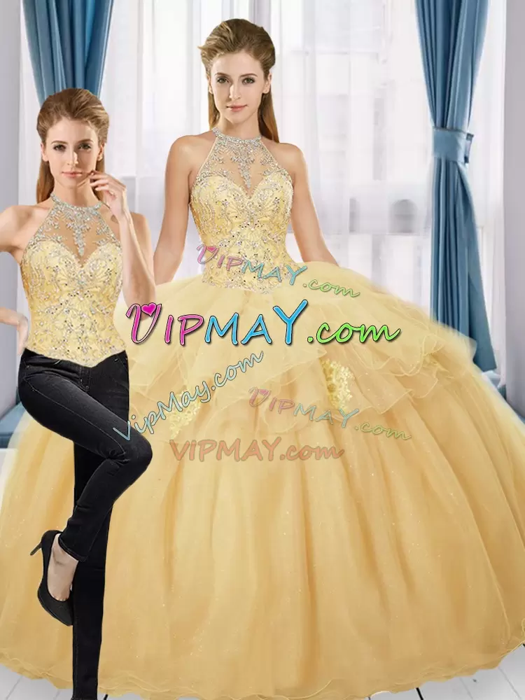 Gold High-neck Lace Up Beading and Appliques Quince Ball Gowns Sleeveless