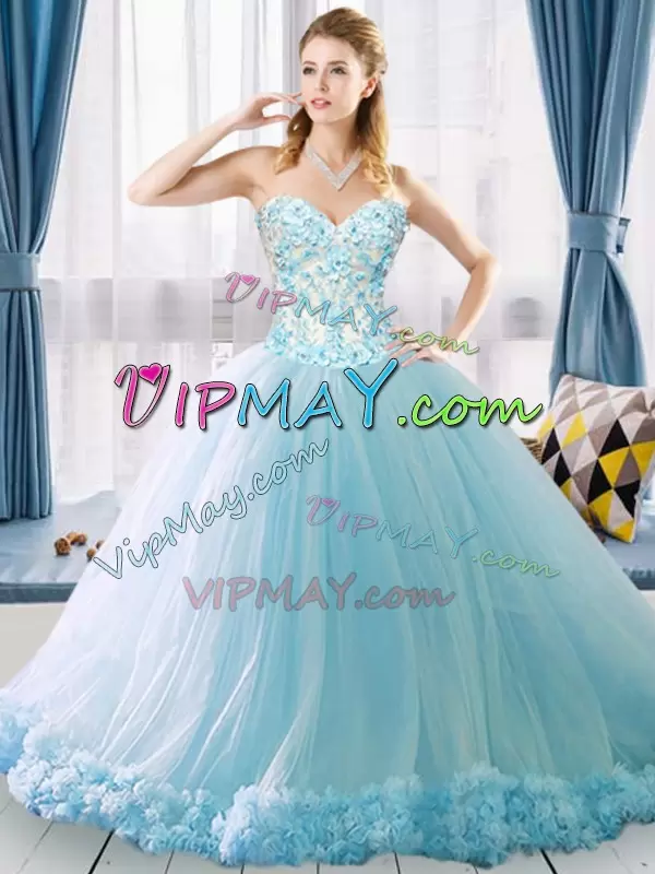 Lace Up 15th Birthday Dress Light Blue for Military Ball and Sweet 16 and Quinceanera with Appliques and Hand Made Flower Brush Train