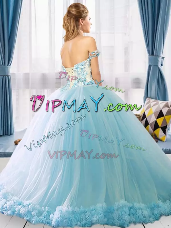 Lace Up 15th Birthday Dress Light Blue for Military Ball and Sweet 16 and Quinceanera with Appliques and Hand Made Flower Brush Train