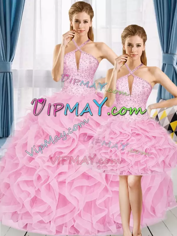 Free and Easy Rose Pink Tulle Lace Up Halter Top Sleeveless Floor Length Sweet 16 Dresses Beading and Ruffles