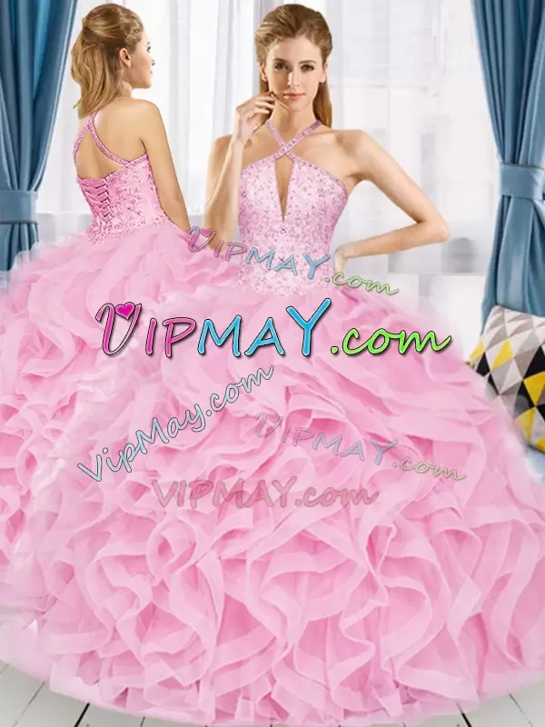 Free and Easy Rose Pink Tulle Lace Up Halter Top Sleeveless Floor Length Sweet 16 Dresses Beading and Ruffles