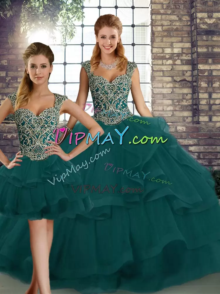 Amazing Sleeveless Straps Lace Up Floor Length Beading and Ruffles Quinceanera Gown Straps