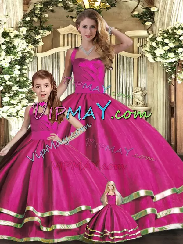 Suitable Halter Top Sleeveless Quinceanera Gowns Floor Length Ruffled Layers Fuchsia Tulle