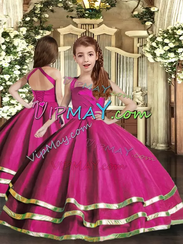 Suitable Halter Top Sleeveless Quinceanera Gowns Floor Length Ruffled Layers Fuchsia Tulle