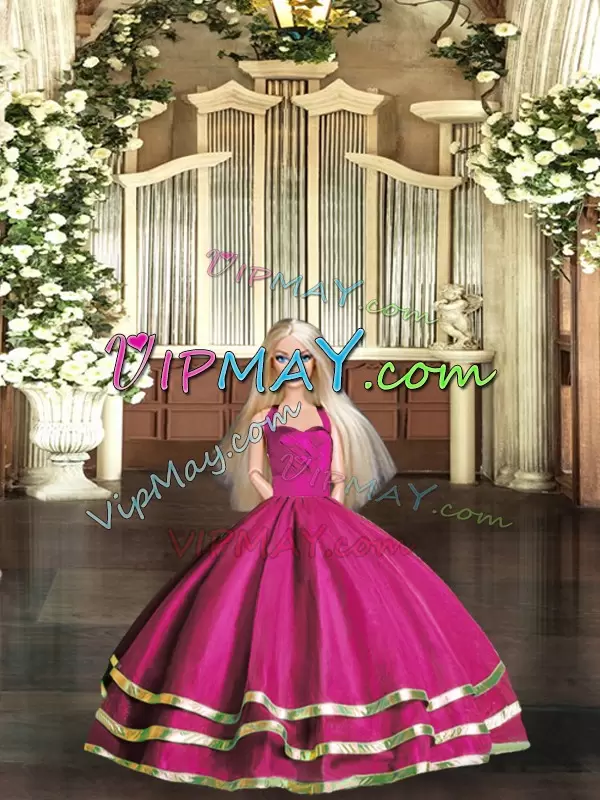 Suitable Halter Top Sleeveless Quinceanera Gowns Floor Length Ruffled Layers Fuchsia Tulle