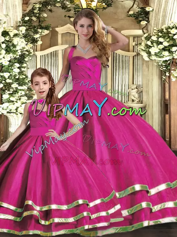 Suitable Halter Top Sleeveless Quinceanera Gowns Floor Length Ruffled Layers Fuchsia Tulle