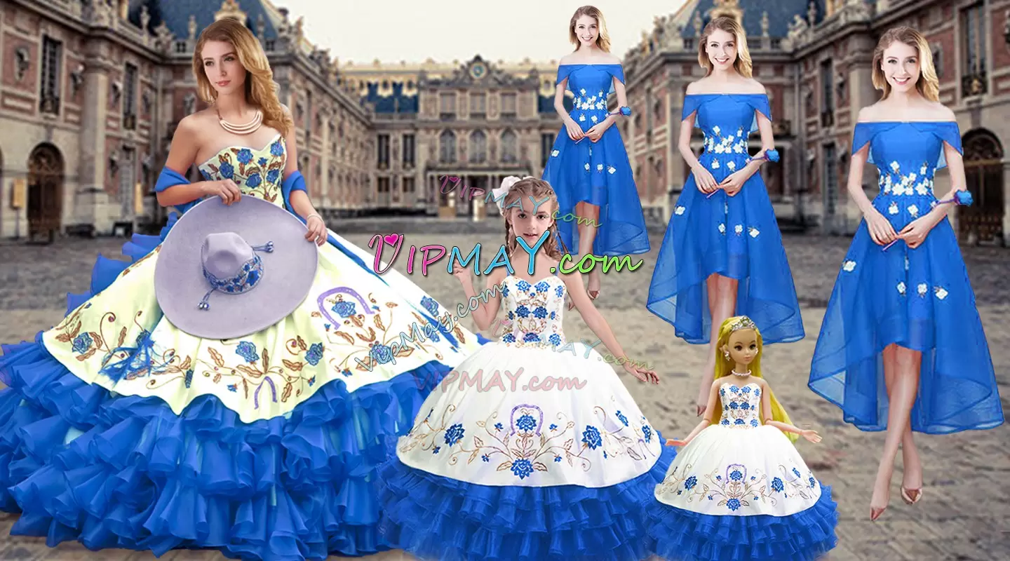 Stunning Royal Blue Ball Gowns Sweetheart Sleeveless Organza Floor Length Lace Up Embroidery and Ruffled Layers 15 Quinceanera Dress