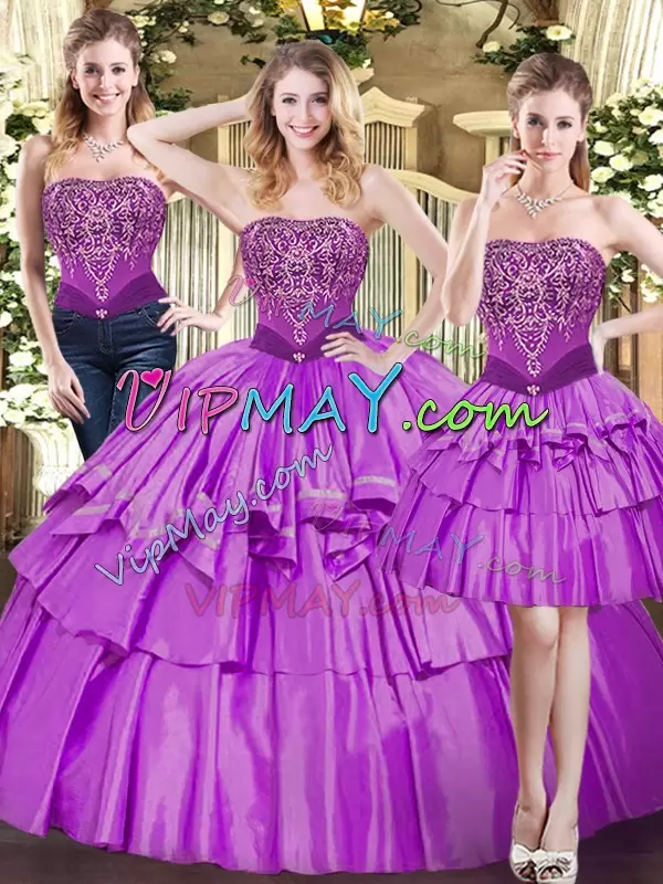 Strapless Sleeveless Tulle Sweet 16 Dresses Beading and Ruffled Layers Lace Up