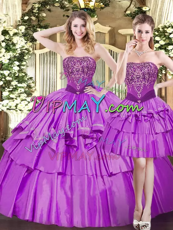 Strapless Sleeveless Tulle Sweet 16 Dresses Beading and Ruffled Layers Lace Up