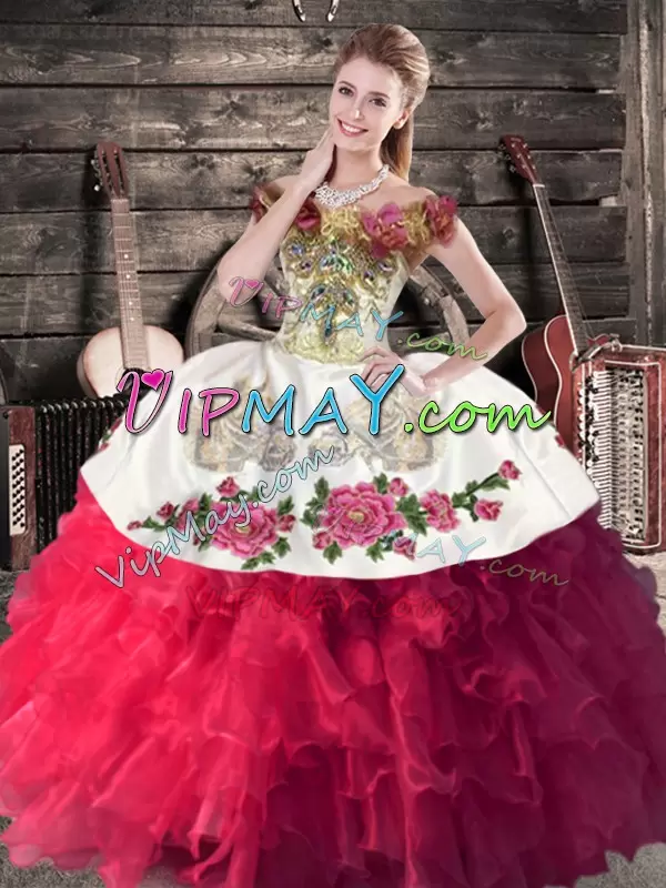 Great Hot Pink Sleeveless Satin and Organza Lace Up Quinceanera Gown for Sweet 16 and Quinceanera