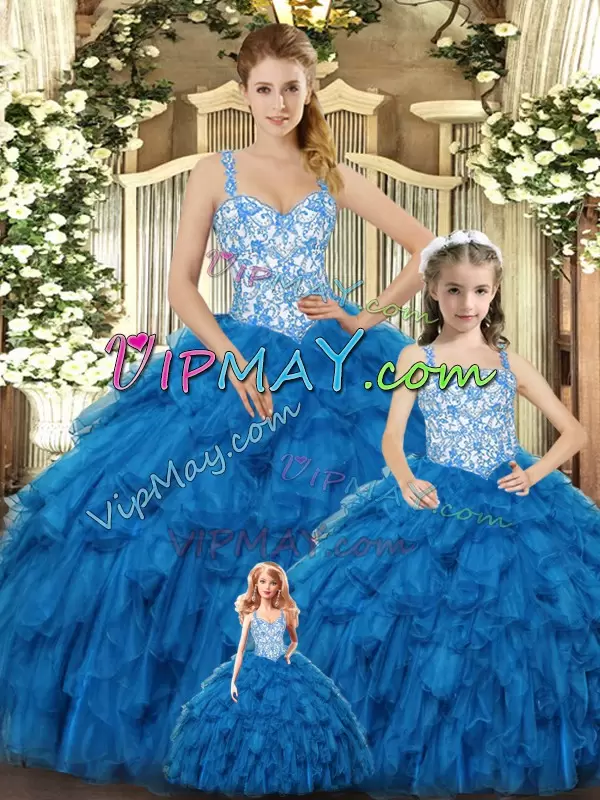 New Arrival Teal 15th Birthday Dress Military Ball and Sweet 16 and Quinceanera with Beading and Ruffles Straps Sleeveless Lace Up