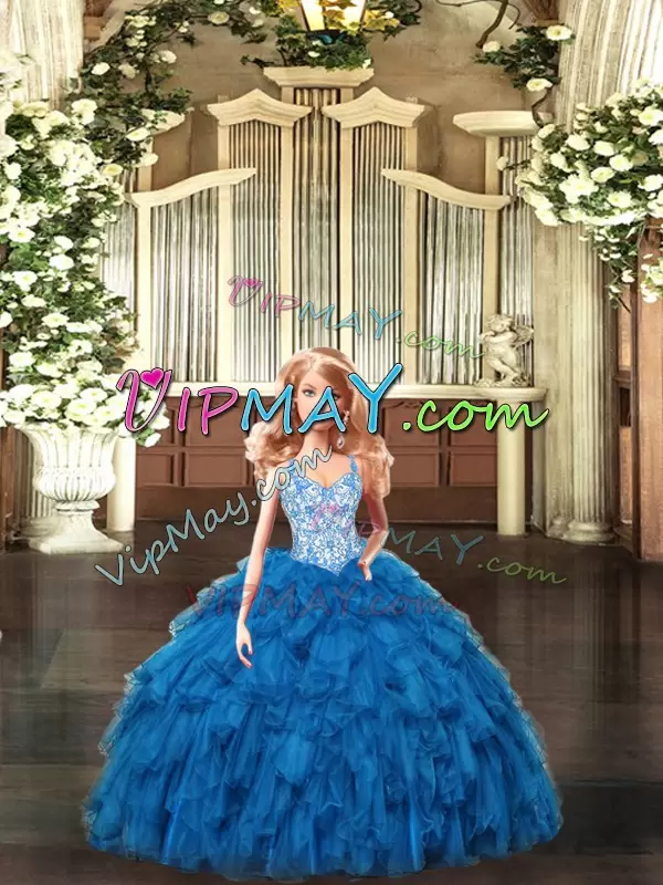 New Arrival Teal 15th Birthday Dress Military Ball and Sweet 16 and Quinceanera with Beading and Ruffles Straps Sleeveless Lace Up