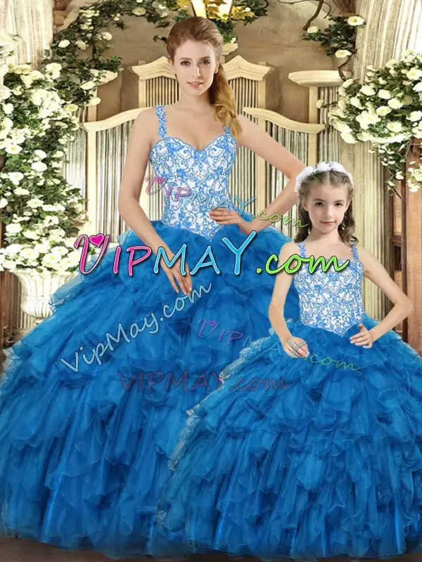 New Arrival Teal 15th Birthday Dress Military Ball and Sweet 16 and Quinceanera with Beading and Ruffles Straps Sleeveless Lace Up