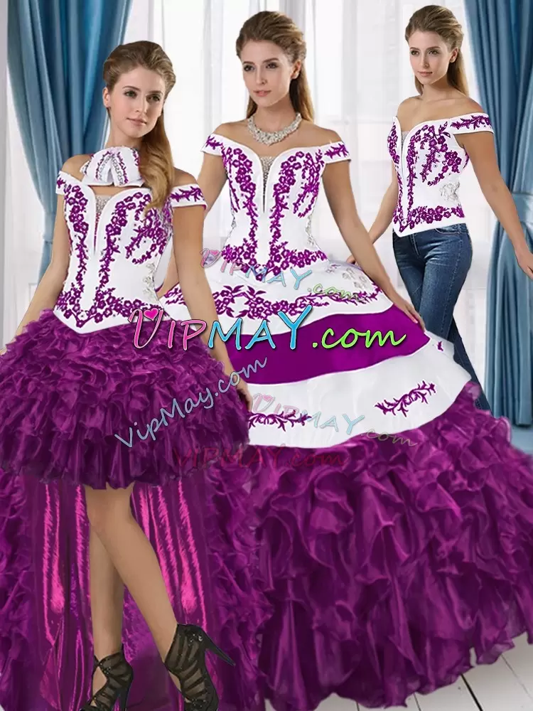 Floor Length Three Pieces Sleeveless White And Purple Ball Gown Prom Dress Lace Up