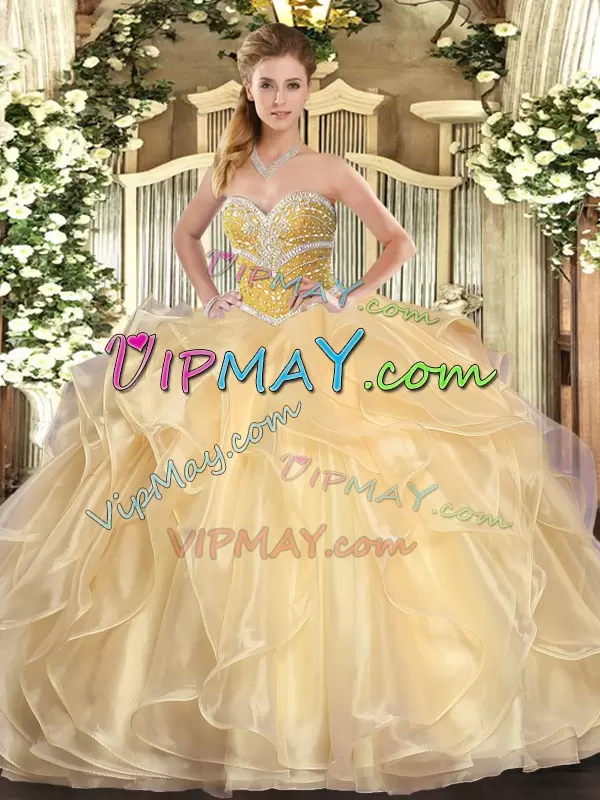 Long Sleeves Organza Floor Length Lace Up 15 Quinceanera Dress in Champagne with Beading and Ruffles