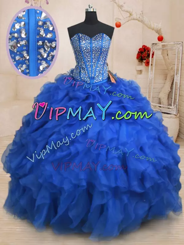 Eye-catching Royal Blue Ball Gowns Beading and Ruffles Quinceanera Gowns Lace Up Organza Sleeveless Floor Length