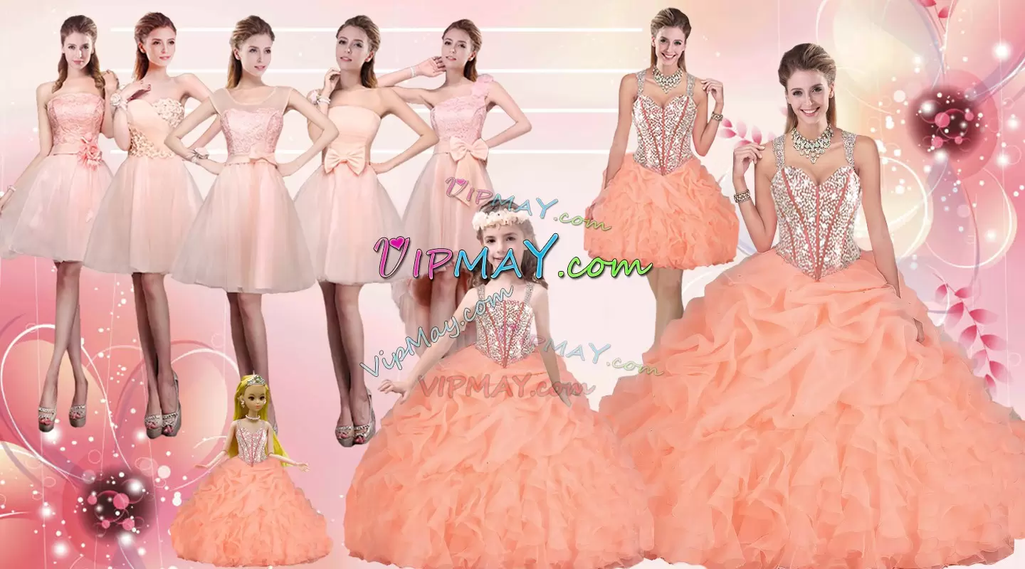 Stylish Orange Sleeveless Floor Length Beading and Ruffles Lace Up Sweet 16 Quinceanera Dress Straps