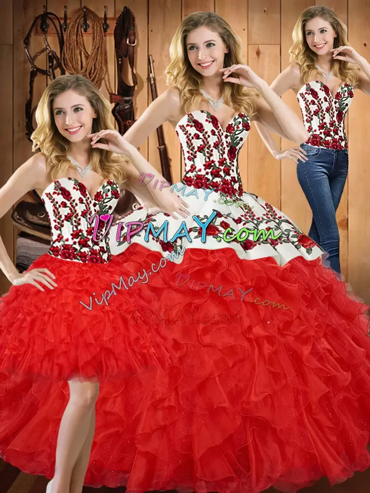 Sleeveless Floor Length Embroidery and Ruffles Lace Up Quinceanera Gown with Red