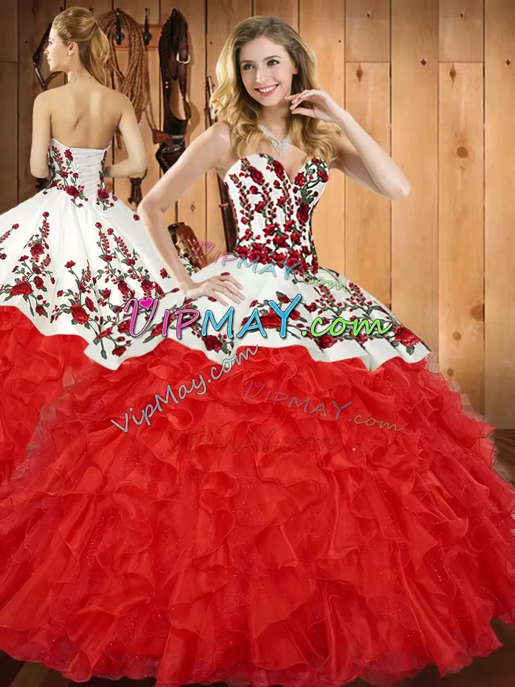 Sleeveless Floor Length Embroidery and Ruffles Lace Up Quinceanera Gown with Red