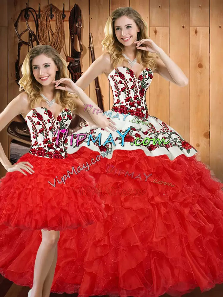 Sleeveless Floor Length Embroidery and Ruffles Lace Up Quinceanera Gown with Red