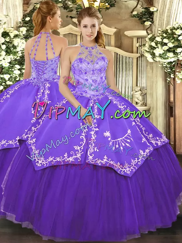 Customized Purple Halter Top Neckline Beading and Embroidery Quince Ball Gowns Sleeveless Lace Up
