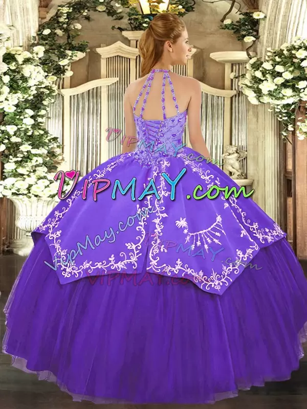 Customized Purple Halter Top Neckline Beading and Embroidery Quince Ball Gowns Sleeveless Lace Up