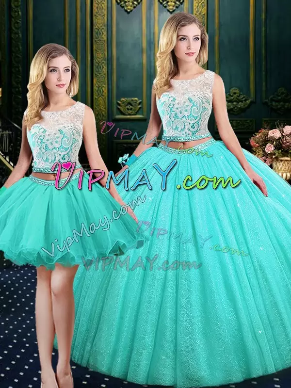 Blue Sleeveless Tulle and Sequined Lace Up Quinceanera Gowns for Military Ball and Sweet 16 and Quinceanera