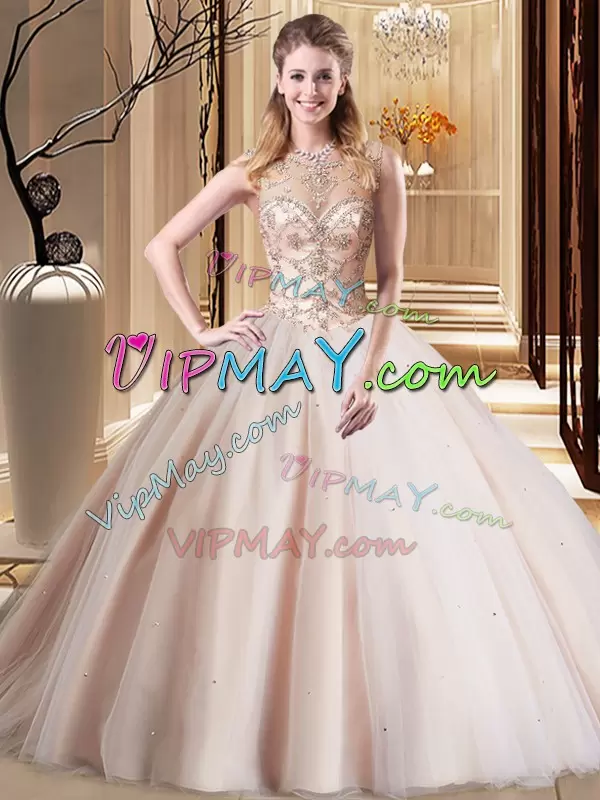 Hot Sale Peach Scoop Neckline Beading Sweet 16 Quinceanera Dress Sleeveless Lace Up