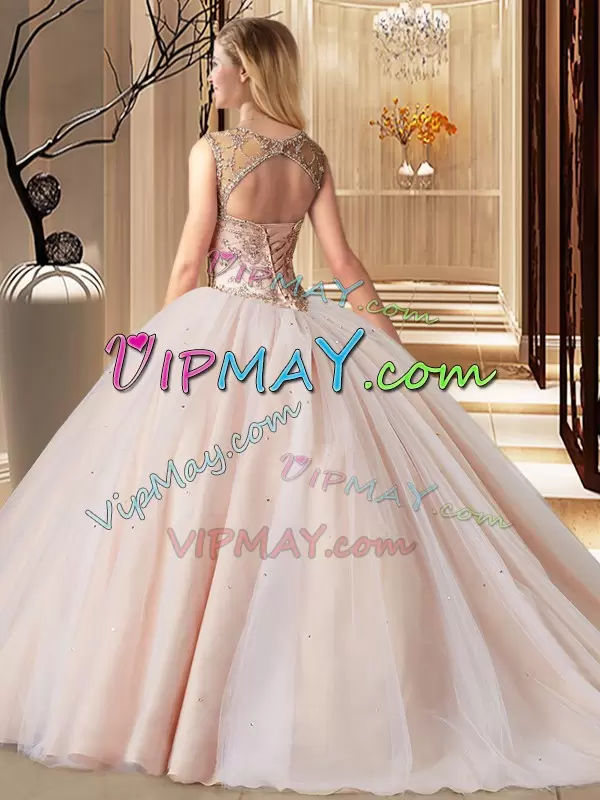 Hot Sale Peach Scoop Neckline Beading Sweet 16 Quinceanera Dress Sleeveless Lace Up