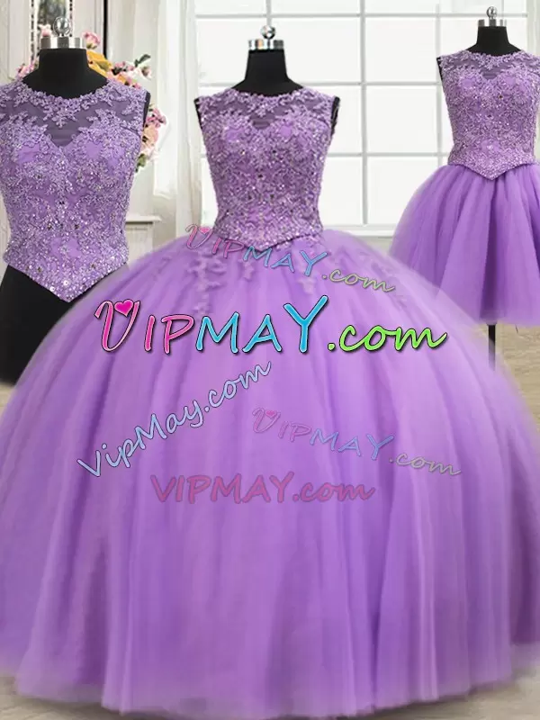 Exquisite Lilac Sweet 16 Quinceanera Dress Military Ball and Sweet 16 and Quinceanera with Beading and Appliques Scoop Sleeveless Lace Up