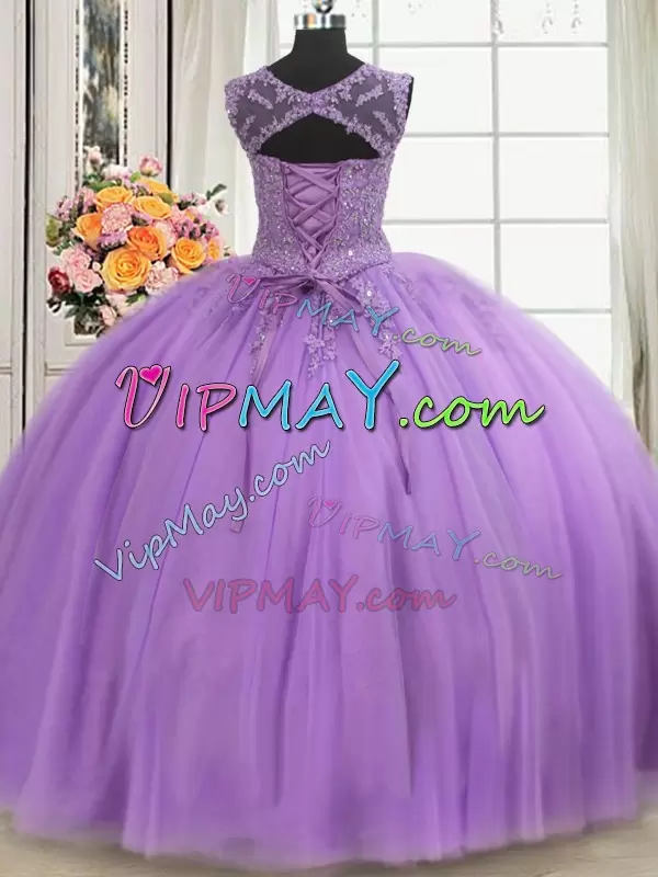 Exquisite Lilac Sweet 16 Quinceanera Dress Military Ball and Sweet 16 and Quinceanera with Beading and Appliques Scoop Sleeveless Lace Up