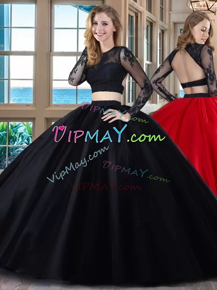 Low Price Scoop Long Sleeves Quinceanera Dresses Floor Length Appliques Black and Red Tulle