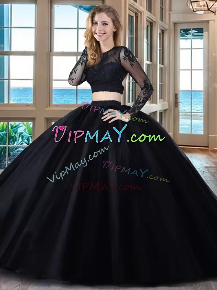 Low Price Scoop Long Sleeves Quinceanera Dresses Floor Length Appliques Black and Red Tulle