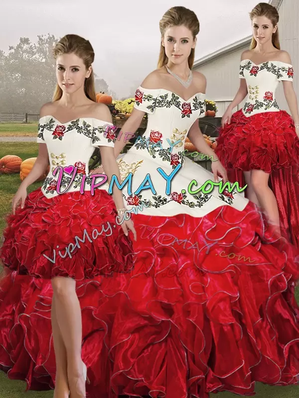 Off The Shoulder Sleeveless Quinceanera Gowns Floor Length Embroidery and Ruffles White And Red Organza