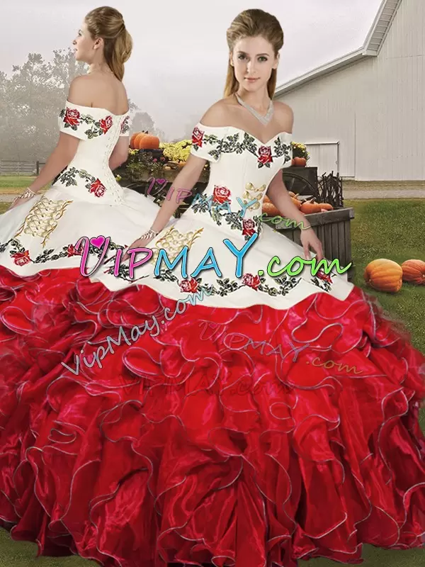 Off The Shoulder Sleeveless Quinceanera Gowns Floor Length Embroidery and Ruffles White And Red Organza