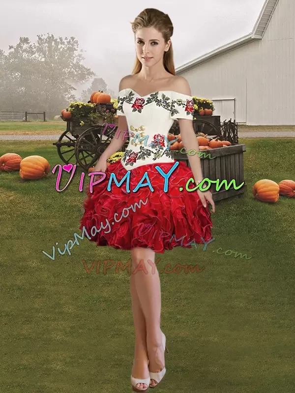 Off The Shoulder Sleeveless Quinceanera Gowns Floor Length Embroidery and Ruffles White And Red Organza