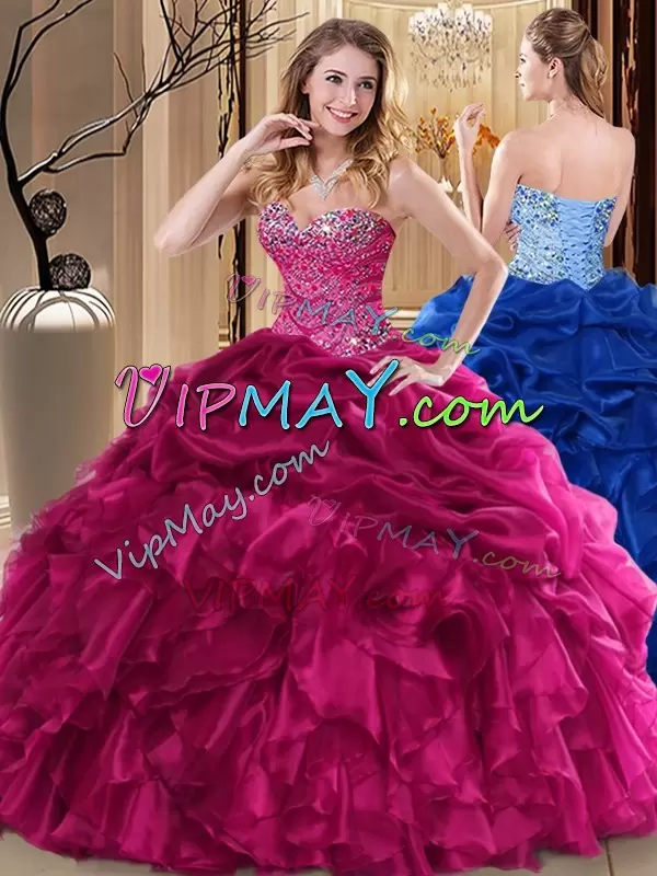 Suitable Floor Length Fuchsia Sweet 16 Dress Organza Sleeveless Beading and Pick Ups