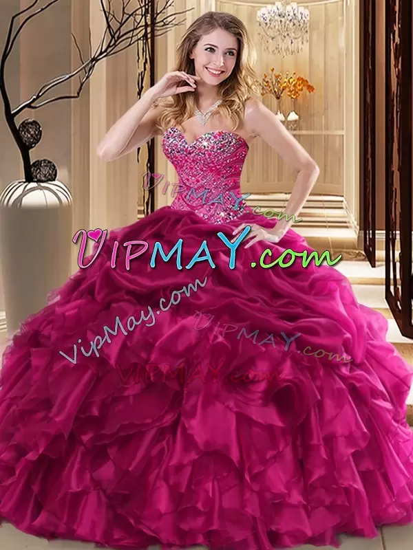 Suitable Floor Length Fuchsia Sweet 16 Dress Organza Sleeveless Beading and Pick Ups