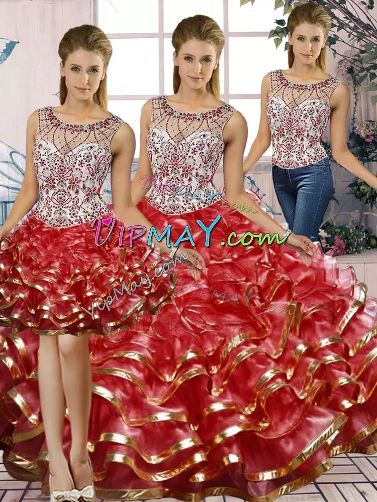 Pretty Sleeveless Organza Floor Length Lace Up Quince Ball Gowns in Red with Beading and Ruffles