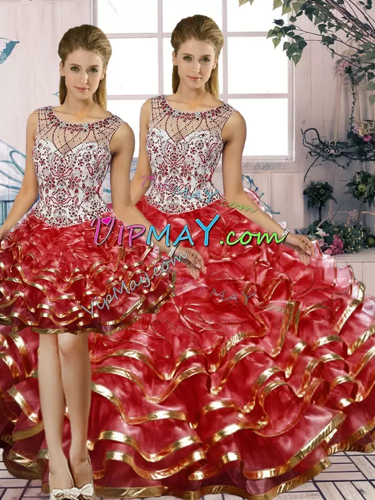 Pretty Sleeveless Organza Floor Length Lace Up Quince Ball Gowns in Red with Beading and Ruffles