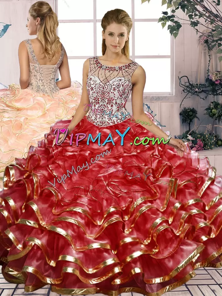 Pretty Sleeveless Organza Floor Length Lace Up Quince Ball Gowns in Red with Beading and Ruffles