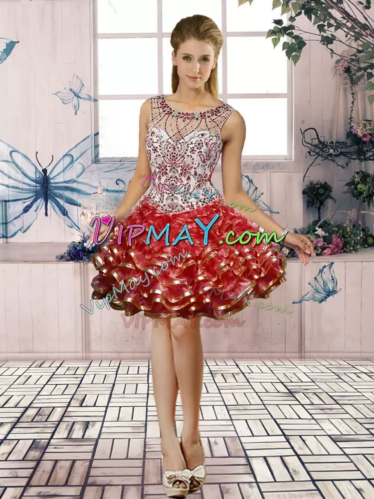 Pretty Sleeveless Organza Floor Length Lace Up Quince Ball Gowns in Red with Beading and Ruffles