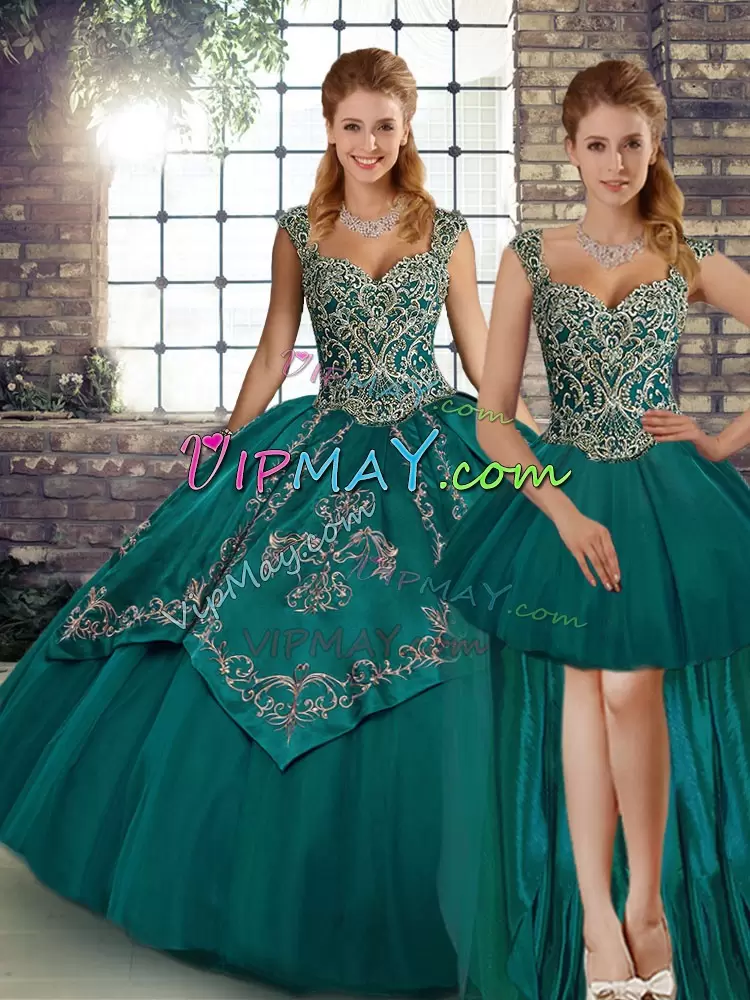 Latest Teal Lace Up Straps Beading and Embroidery Sweet 16 Dress Tulle Sleeveless