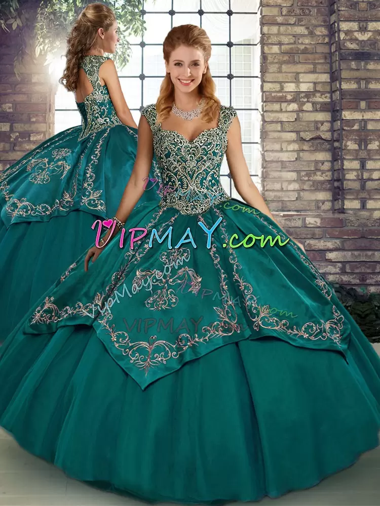 Latest Teal Lace Up Straps Beading and Embroidery Sweet 16 Dress Tulle Sleeveless