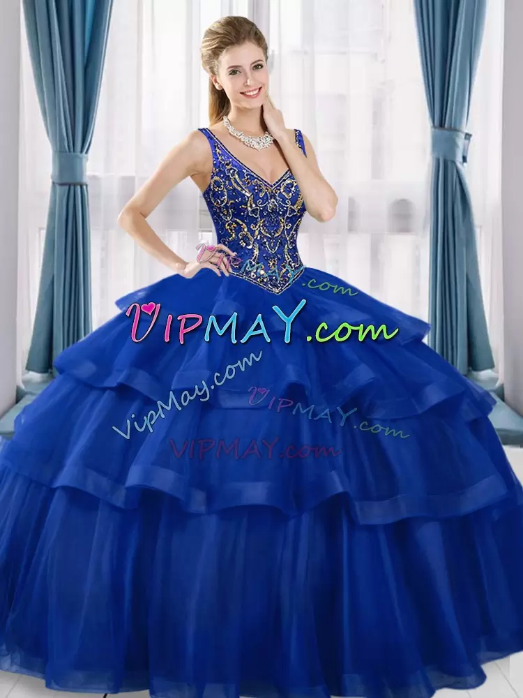 Shining Royal Blue Ball Gowns Beading and Ruffled Layers Quince Ball Gowns Lace Up Organza Sleeveless