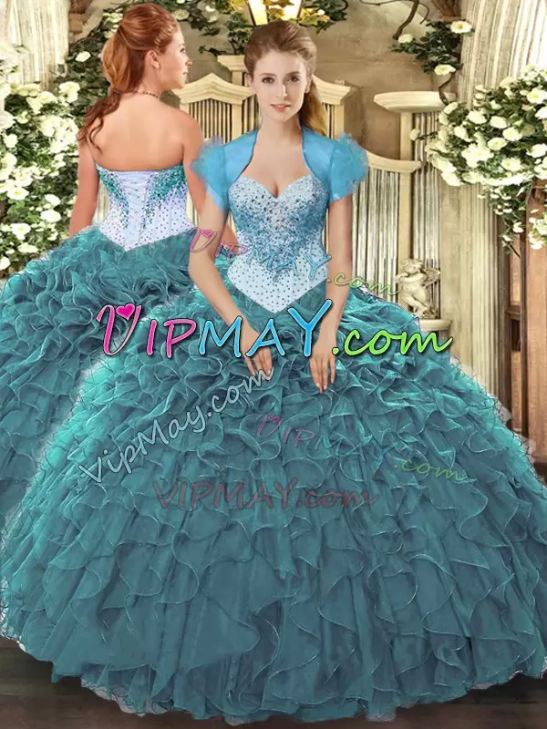 Clearance Teal Organza Lace Up Quinceanera Gown Sleeveless Floor Length Beading and Ruffles